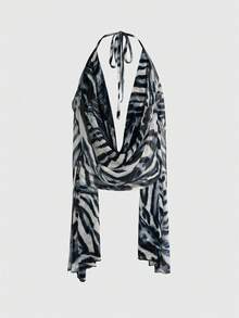 ROMWE Hippie 嬉皮风动物纹垂褶领露背性感短款女式上衣 - 彩色 - 查看 2