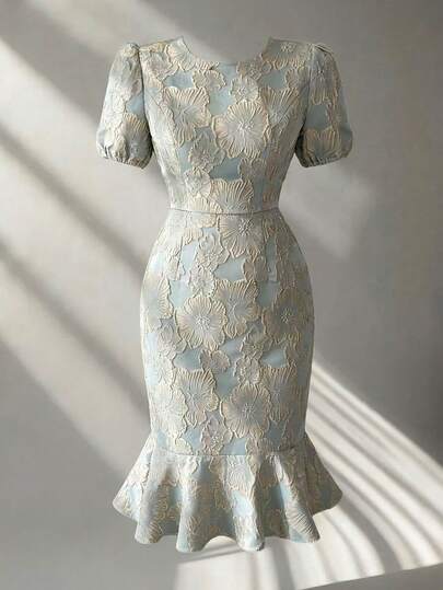 Elenzga Scoop Neck Puff Sleeve Mini Dress, Spring/Summer/Early Autumn, Waist Cinched, Textured Gold Jacquard, Elegant Vintage Inspired Ladylike Midi Dress