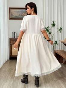 Weeklong 2-in-1 V-Ausschnitt Spitzenbesatz Französischer Stil Kleid, Damen Große Größen Sommer Outfit, Urlaub, Boho - Aprikosenfarben - Übersicht 2