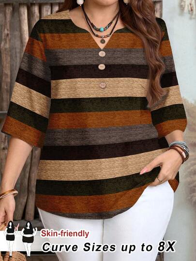 SHEIN CURVE+ 大码休闲简约撞色条纹印花V领衬衫，适合夏季穿着