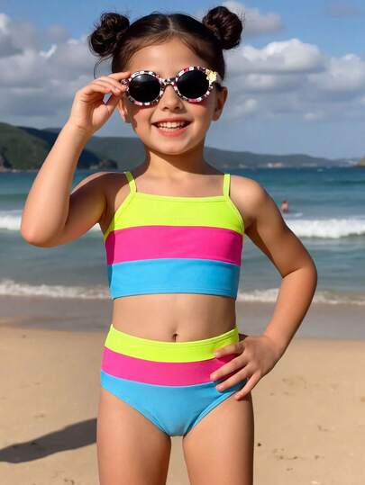 SHEIN Young Girls One-Piece Bikini Sets, Fashionable Multi-Color Patchwork Swimwear For Beach Party, Suitable For Beach, Vacation, Hawaii