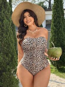 Swim Vcay 2026新款豹纹抹胸泳衣，配有可拆卸可调节肩带、前褶、侧边抽褶和收腰设计，简约优雅性感，适合海滩度假穿着。 - 彩色 - 查看 4