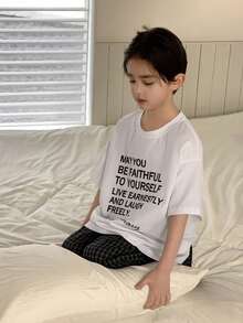 Dazy Kids Tween Boy Slogan Print Short Sleeve T-Shirt And Plaid Pants Pajama Set Summer - White - View 5