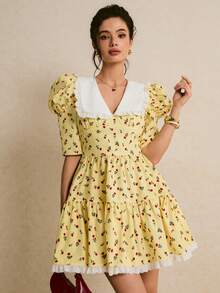 Poéselle 女士公主风印花蕾丝迷你连衣裙 - 黃色 - 查看 7