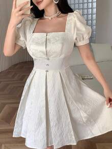 Feyla 女士提花方领花瓣袖优雅短裙 - 杏色 - 查看 7
