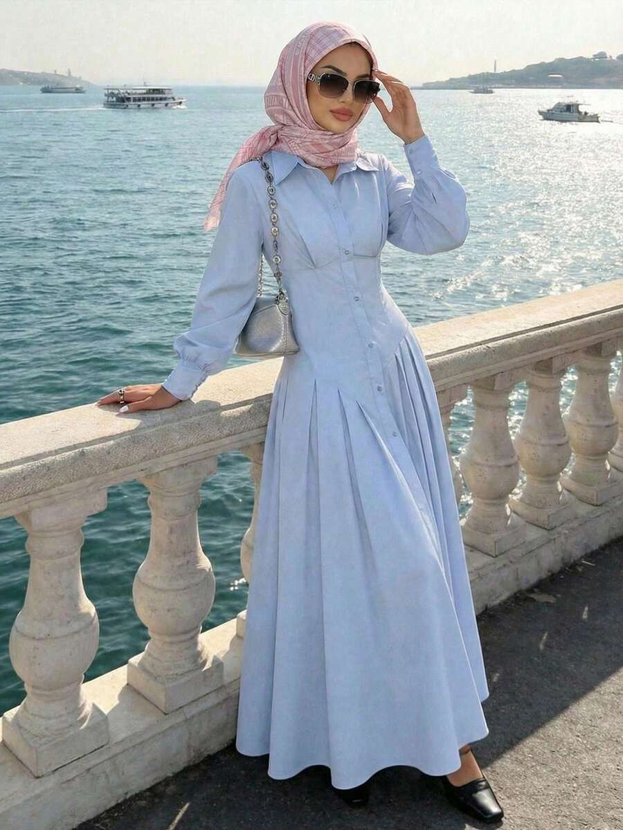 Solavon 女士休闲灯笼袖收腰长款衬衫裙，适合春秋季日常通勤 - 淺藍色 - 查看 1