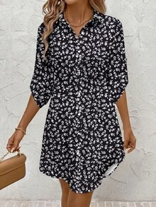 SHEIN Clasi 休闲简约度假波西米亚风优雅浪漫复古黑白碎花图案连衣裙，适合海滩、度假、女士夏季穿搭，衬衫式纽扣短裙 - 彩色 - 查看 5