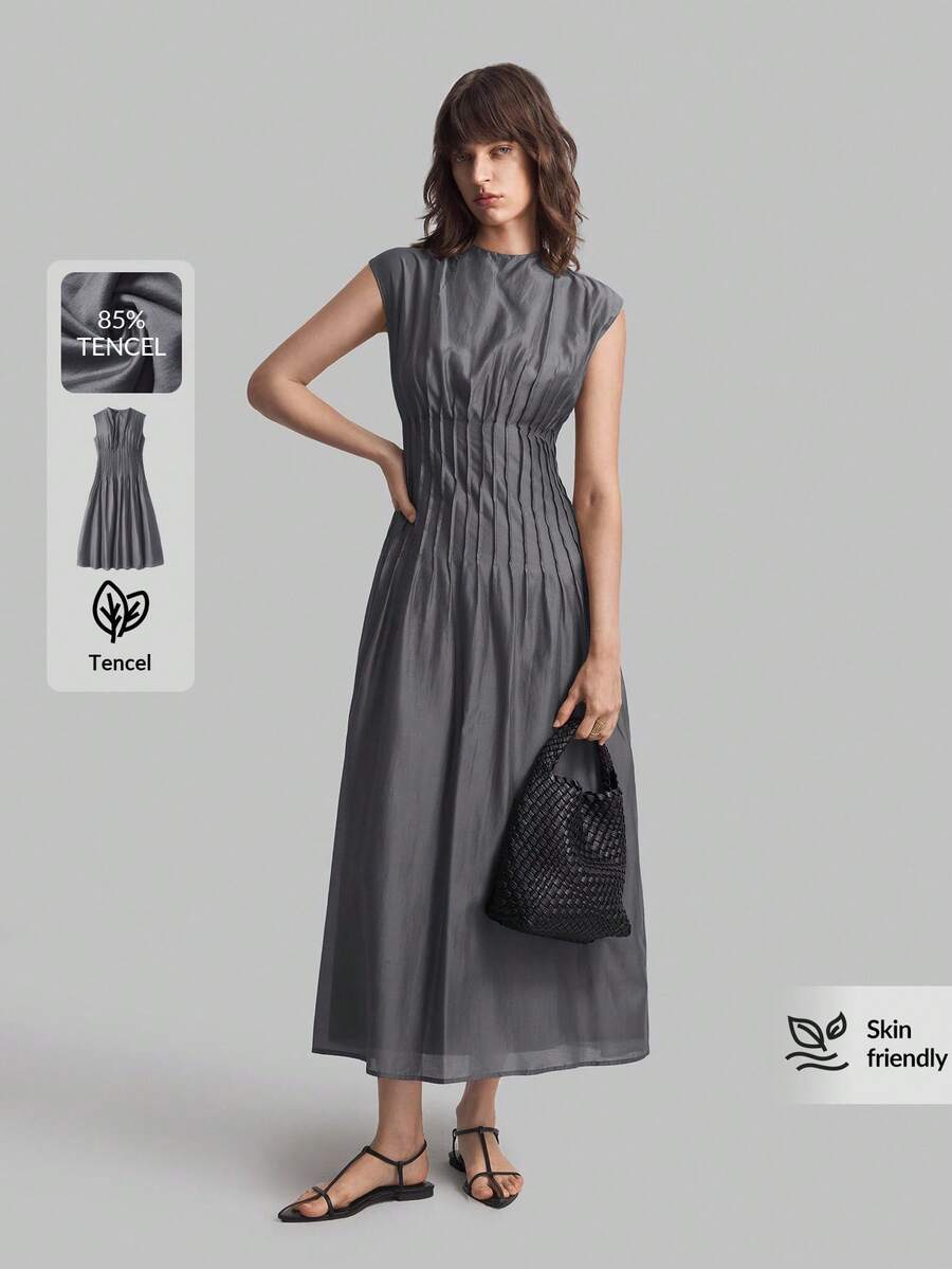 Ontre Đầm dài màu xám trơn thanh lịch mới 2026SS, đầm nữ duyên dáng, áo khoác ngoài, trang phục công sở, đi nghỉ mát, đi biển, dự tiệc sinh nhật, đồng phục giáo viên, trang phục công sở. - Màu xám đen - Xem 1