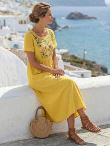 Faunlyn Đầm thường ngày cổ tròn tay ngắn dài vừa phải cho nữ, phù hợp cho mùa hè - Màu vàng - Xem 4