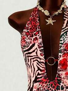 Swim SXY Spring/Summer Digital Print Triangle Wireless Halter Backless Sexy One-Piece Swimsuit For Women, Beach Vacation, Multi-Color Snake Skin Pattern - Multicolor - View 4