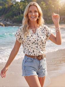 SHEIN LUNE Women's All Over Print Collar & Hollow Out Design Blouse,Short Sleeve Tops,Casual - Multicolor - View 7