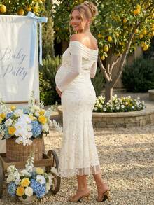 Loomaby 优雅孕妇宴会褶皱翻领露肩刺绣网纱鱼尾下摆修身连衣裙 - 杏色 - 查看 2