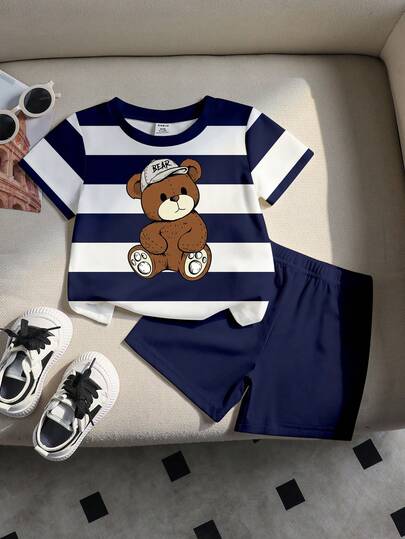 SHEIN Set de 2 piezas Unisex para bebé e infante de 0-3 años, camiseta de manga corta con cuello redondo y estampado de oso a rayas de colores, y pantalones cortos, adecuado para uso al aire libre, deportes, escuela, primavera/verano