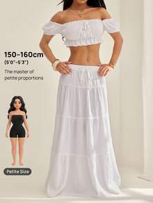 SHEIN PETITE Women's Vacation Style Off Shoulder Ruffle Hem Crop Top And Drawstring Waist Tiered Hem Maxi Skirt Set, Summer - White - View 1
