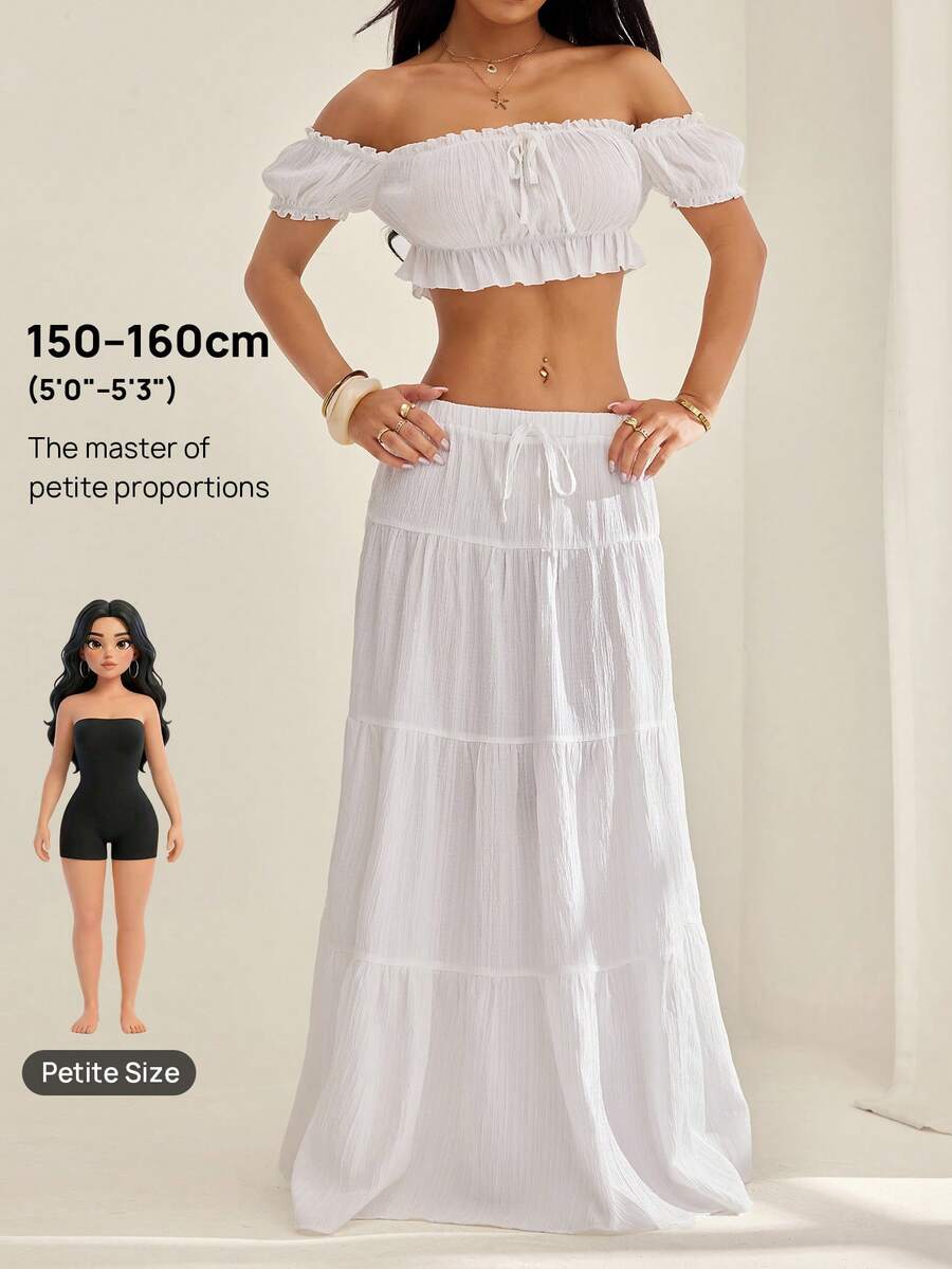 SHEIN PETITE Women's Vacation Style Off Shoulder Ruffle Hem Crop Top And Drawstring Waist Tiered Hem Maxi Skirt Set, Summer - White - View 1