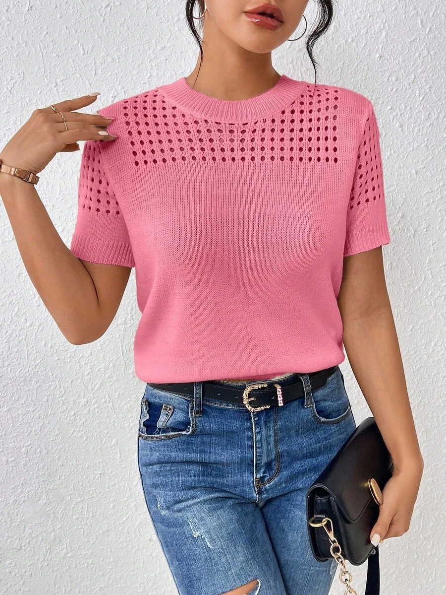 EMERY ROSE Women's Round-Neck Solid Color Short-Sleeved Knitted Top For Summer For New Year Clothes Everyday Light Pink Casual - Pink - View 1
