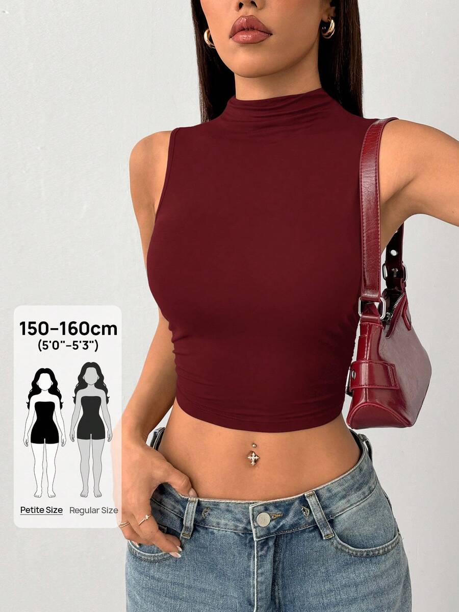 SHEIN PETITE Áo ba lỗ cổ bẻ màu đen, thời trang thanh lịch cho mùa hè - Màu Đỏ Sâu - Xem 1