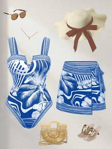 Swim Oasis Bộ 2 món/set, áo tắm liền thân in họa tiết mới năm 2026 dành cho nữ, kèm váy, đồ bơi thường ngày đi biển. - Màu xanh lam - Xem 1