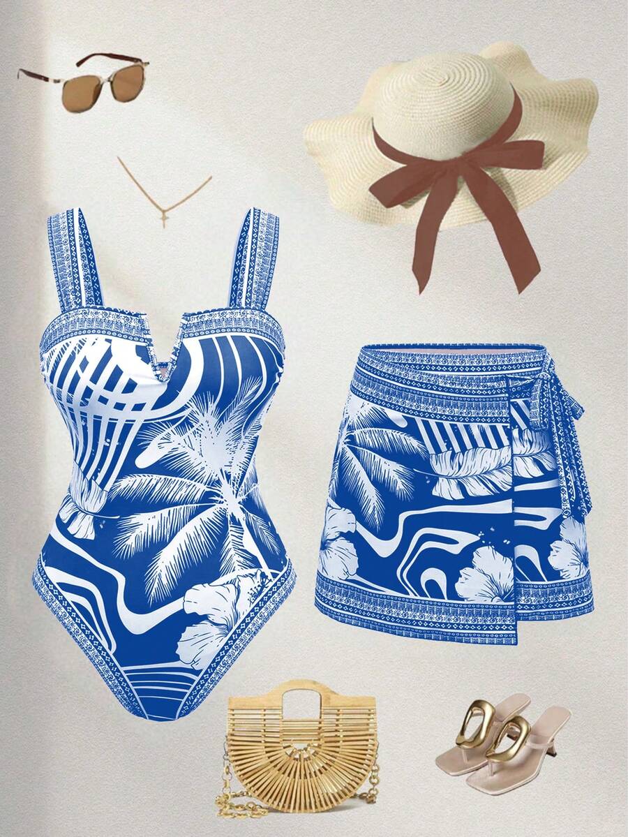 Swim Oasis Bộ 2 món/set, áo tắm liền thân in họa tiết mới năm 2026 dành cho nữ, kèm váy, đồ bơi thường ngày đi biển. - Màu xanh lam - Xem 1