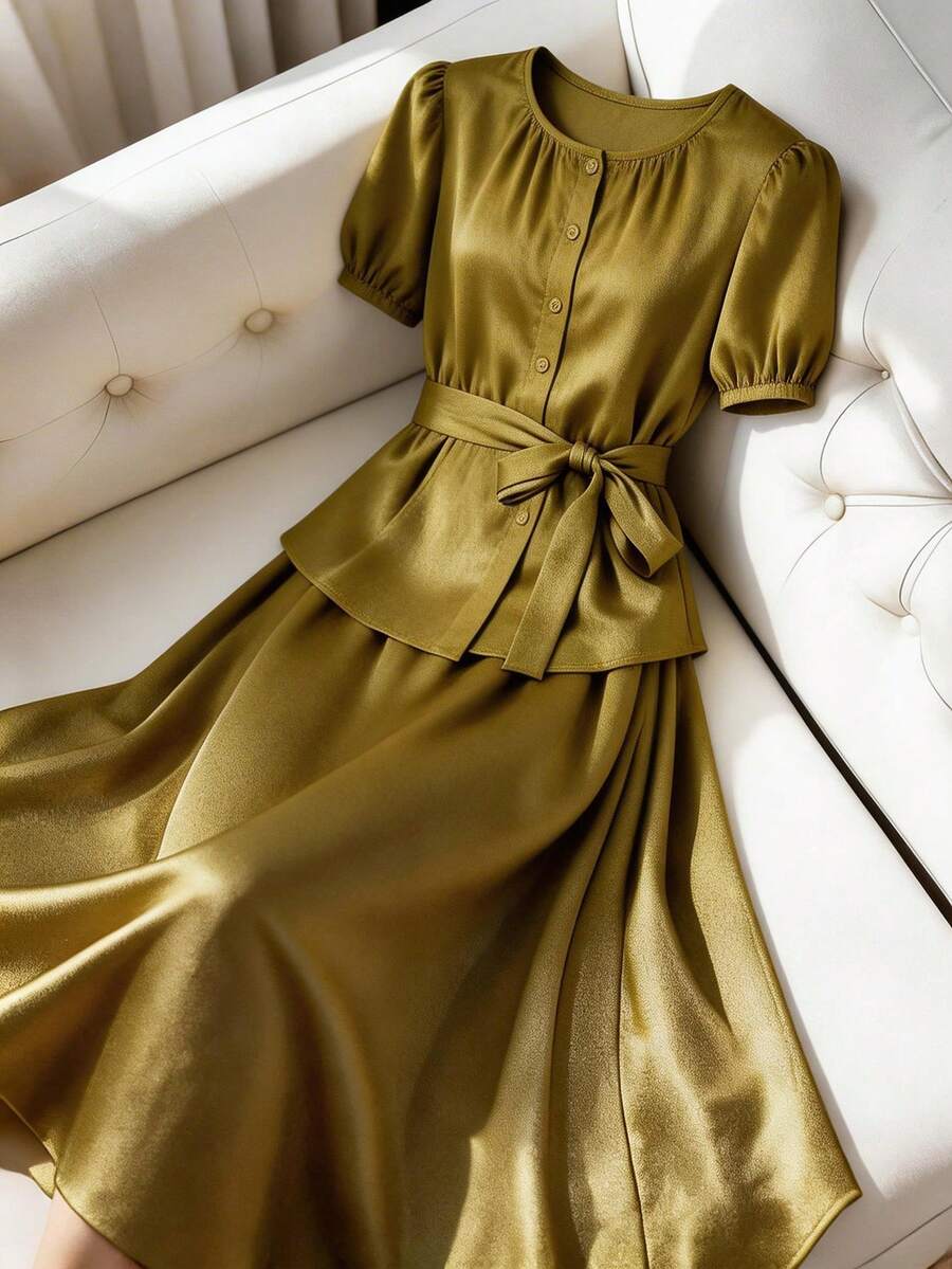 DAZY Women's Elegant Solid Color V-Neck Belted Shirt And A-Line Skirt 2-Piece Set, Spring/Summer - Green - View 1