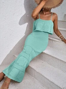 EURMUSE Women's Solid Color Vacation Style Openwork Knit Dress - Mint Green - View 7