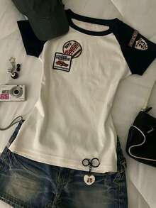 SHEIN Áo thun nữ tay ngắn cổ tròn dáng ôm raglan với họa tiết in màu trắng. - Nhiều màu - Xem 6