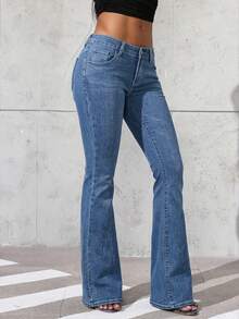 Jeanoix 女士星形刺绣水钻低腰弹力修身水洗喇叭牛仔裤 - 中等水洗藍 - 查看 5