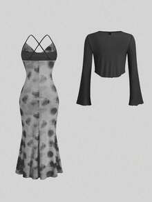 Sweetra 大码休闲浪漫扎染印花褶皱连衣裙和纯色长袖罩衫两件套 - 黑色 - 查看 2