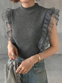 FRIFUL Women's Turtleneck Ribbed Tank Top With Mesh Ruffle Trim Sleeveless Layered T-Shirt - Dark Grey - View 6
