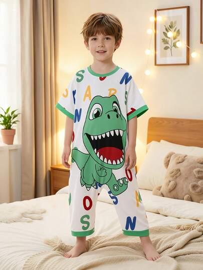 SHEIN 1 Pack Young Boys Cute Summer Casual Knit Dinosaur Cartoon Print Short Sleeve Romper