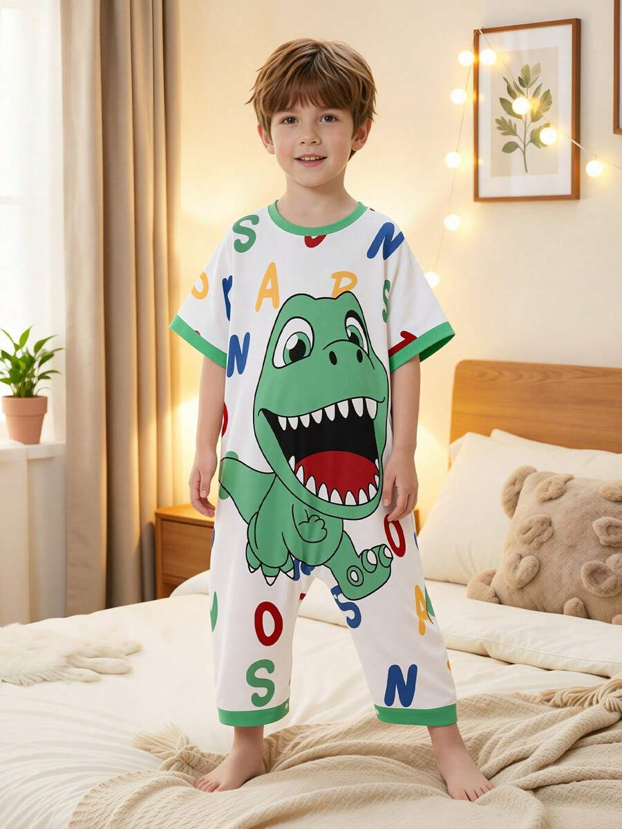 SHEIN 1 Pack Young Boys Cute Summer Casual Knit Dinosaur Cartoon Print Short Sleeve Romper - Multicolor - View 1