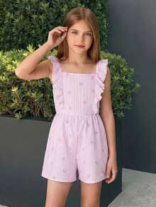 SHEIN Tuta larga con scollo quadrato e maniche a campana a righe per ragazze pre-adolescenti, adatta per le vacanze - Viola malva - Visualizzare 4