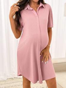 Slowluna Maternity Solid Color Short Sleeve Single-Breasted Casual Ribbed Knit Dress,Loungewear,Sleepwear,Sleepwear Set,Pajama Dress - Pink - View 5