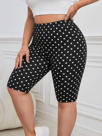 SHEIN Essnce Plus Size Women Retro Black & White Polka Dot Cropped Leggings