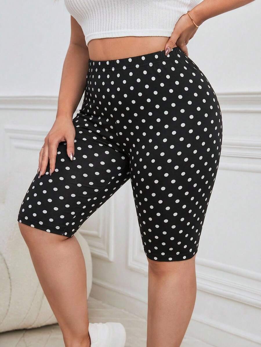 SHEIN Essnce Quần legging lửng chấm bi đen trắng kiểu retro dành cho nữ cỡ lớn - Nhiều màu - Xem 1