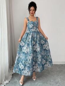 Modelyn Vestido de tirantes elegante con estampado de pintura al óleo retro francés para mujer - Azul - Ver 5