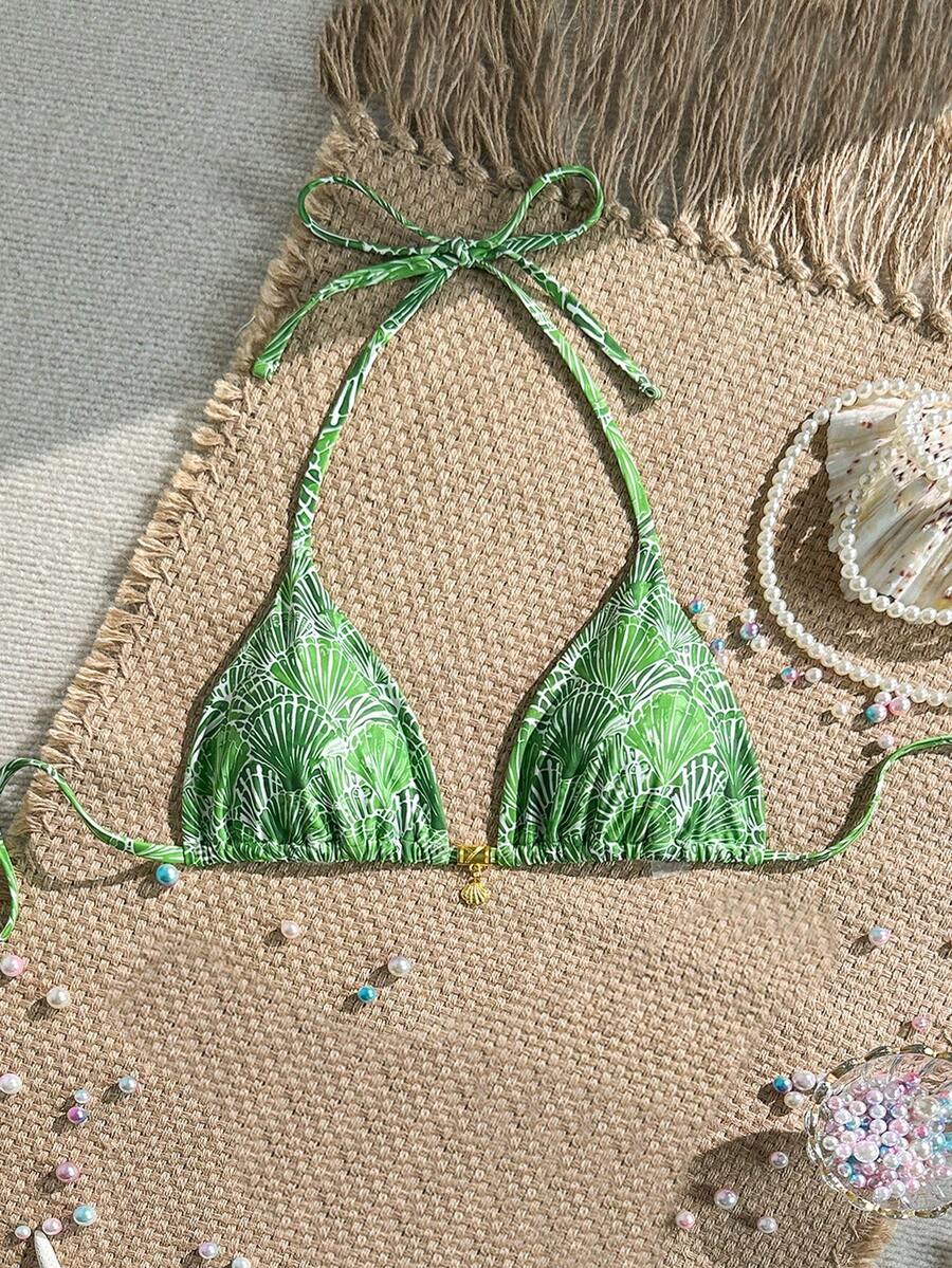 Swim Mod 随机金色贝壳印花露背比基尼上衣，性感泳装上衣，适合夏季度假 - 軍綠色 - 查看 1