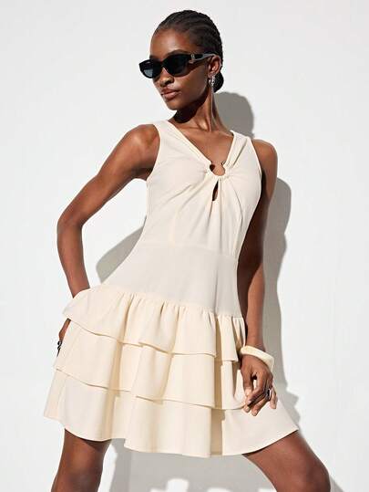 GENKIRA Women's Drape Woven Fabric Fit And Flare A-Line Metal Ring Buckle Knot Neck Cutout Keyhole Multi-Layer Ruffled Tiered Sleeveless Mini Dress Elegant Sweet Dating Style Elegant Dresses For Women Summer Dresses For Women Wedding Guest Dress For Women Elegant Party Dresses For Women