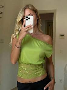 SHEIN SXY Elegante Spitze Splice Einschulter Bluse - Grün - Übersicht 3