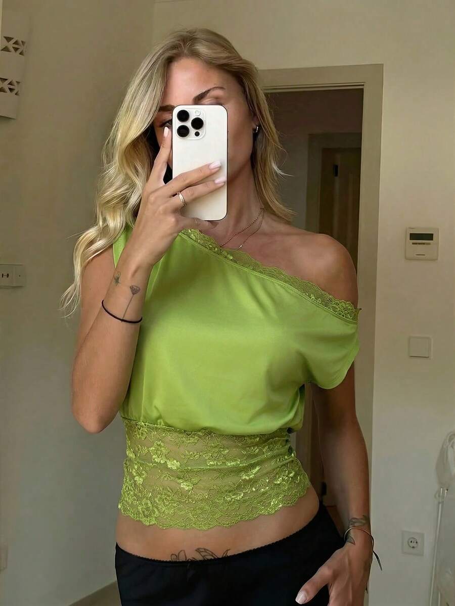 SHEIN SXY 优雅蕾丝拼接单肩领口衬衫 - 綠色 - 查看 1