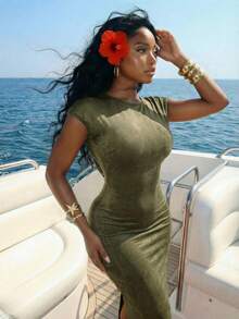 Slaydiva New Early Spring, Spring And Summer Music Festival, Valentine's Day, Easter, Bohemian Style, Nomadic Style, Casual And Simple Basic Style, Cruise Party, Birthday Party, Daily Date, Casual Vacation, Elegant Commuting, One-Shoulder Collar, Sleeve, Revealing Back, Flared Collar, Pleated Design, High Slit At The Side And Back Reaching The Thigh, Slimming Dress, Military Green Dress, Women's Extra-Long Dress -A - Army Green - View 4