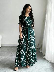 Modelyn Vestido de mujer con diseño de manga corta abullonada, cuello redondo y estampado de cerezas, con cintura ceñida, para primavera/verano - Multicolor - Ver 3