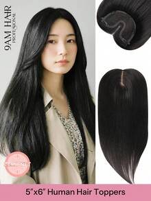 5 x 6 英寸（13 x 15 厘米）女士发片，100% 真人发丝，NC# 自然黑，适合有脱发或稀疏的发质，无刘海，可增加发量，贴合头皮，夹式接发，花朵发夹 - Natural Black - 查看 1