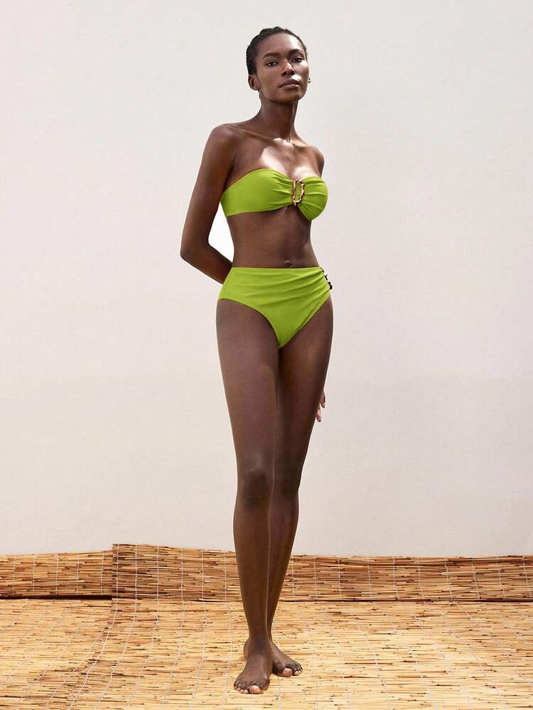 SHEIN Maija Women's Summer Beach Vacation Metal Decor Ruched Detail Bandeau Bikini Set Bathing Suit