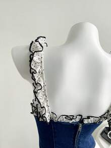 Elamini Women's Polka Dot Patchwork Ruched Casual Versatile Date Outing Denim Top - Multicolor - View 5