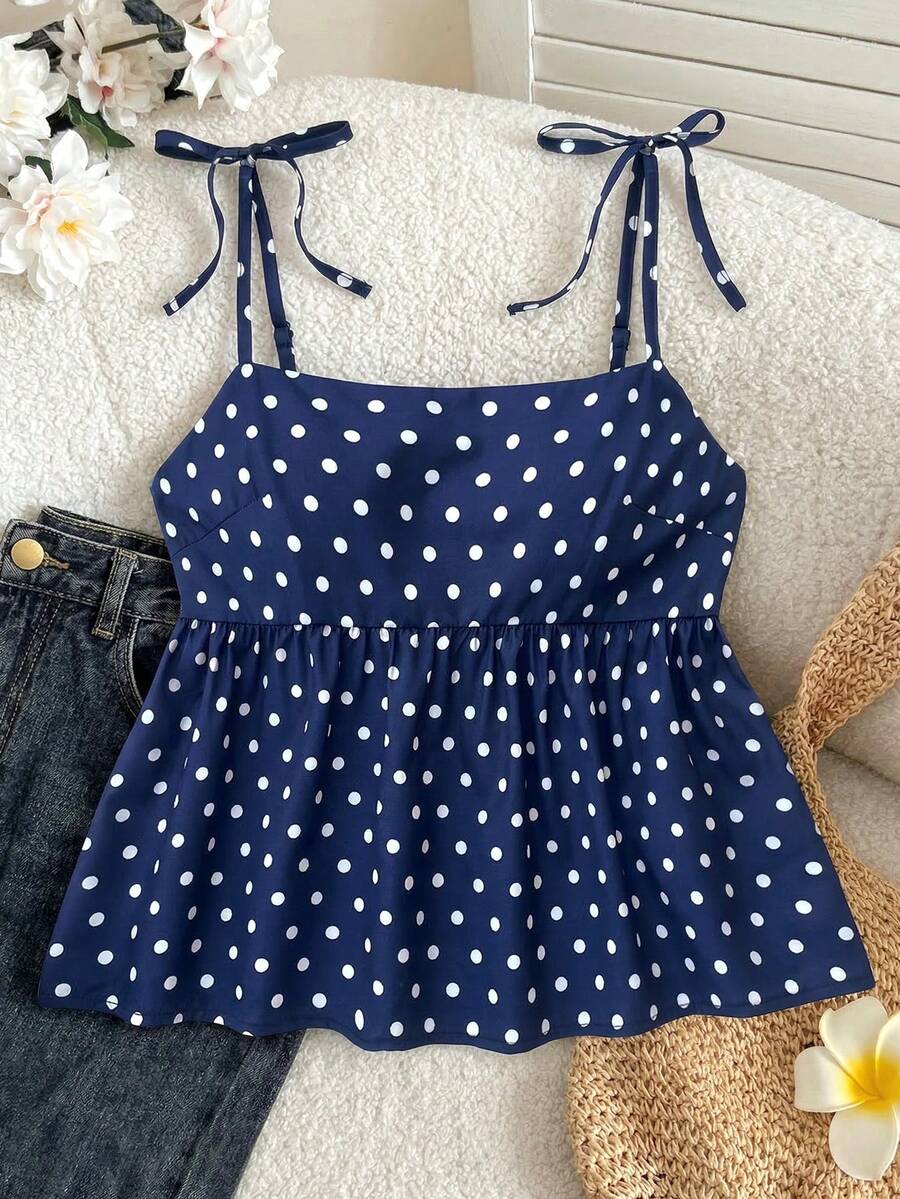 Teen Girls Polka Dot Camisole Blouse, Sweet And Cute In Navy Blue Babydoll Tops Polka Dot Top Polkadottop Babydoll Tops Girls Polka Dot Bathing Suit - Blue - View 1