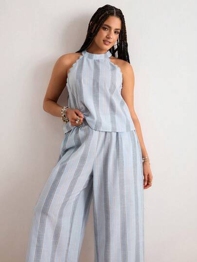 Freevana Conjunto de 2 piezas de talla grande estilo bohemio casual de vacaciones de verano para la playa - Top corto de cuello halter + Pantalones de pierna ancha con bolsillos, para mujeres