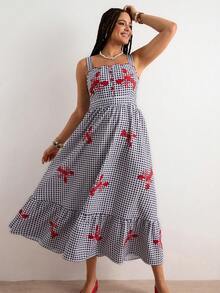 Freevana 大码女式杏色热带花卉印花连衣裙，长吊带连衣裙，适合早春穿着 - 黑與白 - 查看 5