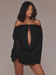 MUSERA 露肩蕾丝边喇叭袖连体裤，春夏度假休闲优雅晚宴约会装 - 黑色 - 查看 5