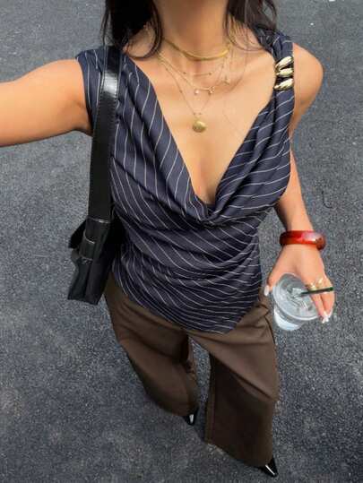 Arave 女士不对称领口垂褶褶皱腰身衬衫，性感优雅的OL上衣，金属纽扣肩部装饰，时尚百搭，通勤必备，尽显优雅性感，适合度假、海滩、夏威夷等场合，垂褶领口设计，女士衬衫